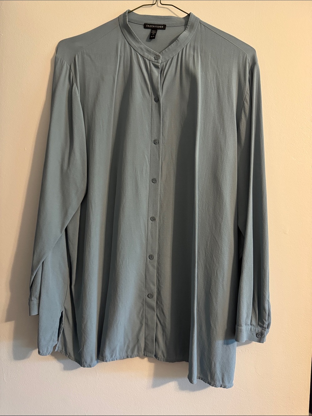 Eileen Fisher Blue Steel Georgette Silk Crepe Mandarin Collar Button Front Top